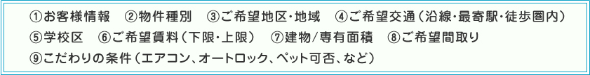 (1)お客様情報　(2)物件種別　(3)ご希望地区・地域　(4)ご希望交通（沿線・最寄駅・徒歩圏内）　(5)学校区　(6)ご希望賃料（下限・上限）　(7)建物/専有面積　(8)ご希望間取り　(9)こだわりの条件（エアコン、オートロック、ペット可否、など）